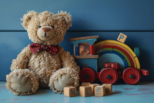 A brown teddy bear sitting on a toy train.