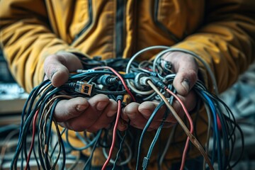 A person holding a bunch of wires.