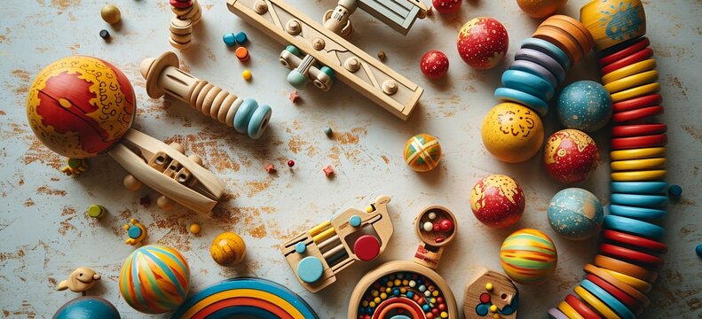 A variety of wooden toys and colorful balls on a table