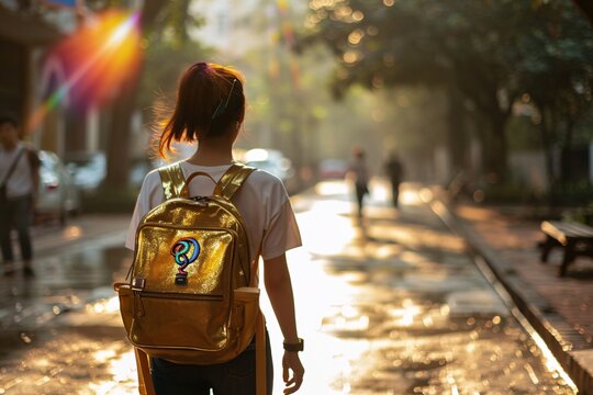 A woman wearing a gold backpack and a white shirt walking down a street.