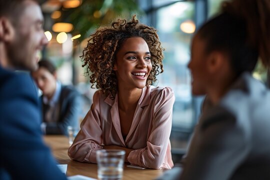 A Smiling Woman With Curly Hair Sitting At A Table