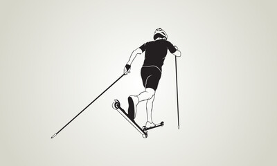 One-color image of an athlete on roller skis on a light background. Vector illustration.