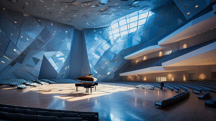 Futuristic concert hall interior, in the style of Tadao Ando, with daytime setting specular reflections.