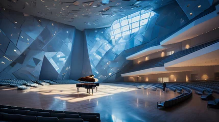 Fotobehang Futuristic concert hall interior, in the style of Tadao Ando, with daytime setting specular reflections. © Usman