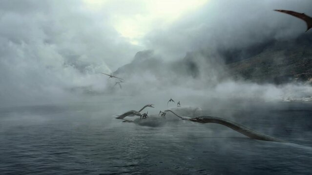 foggy prehistoric seas, giant dinosaurs and flying pterosaurs, 3d animation