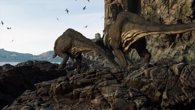 T Rex Tyrannosaurus dinosaurs hold hunted prey in jaws, 3D animation