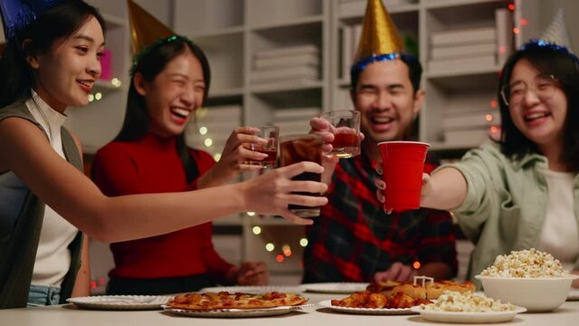 Friends join and celebrate the party with eating foods and drinks. Happy and joyful in holiday weekend and festival.