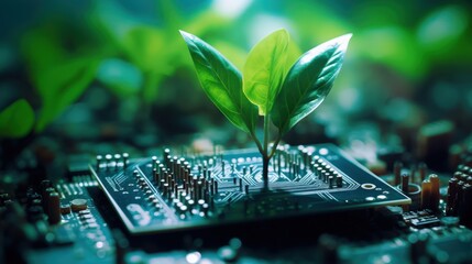 
A detailed close-up highlights a plant positioned on a circuit board, juxtaposing nature with technology in a captivating composition. - obrazy, fototapety, plakaty