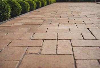 Fototapeta premium Laying gray concrete paving slabs in house courtyard driveway patio. Professional workers bricklayers are installing new tiles or slabs for driveway, sidewalk or patio on leveled sand foundation base.