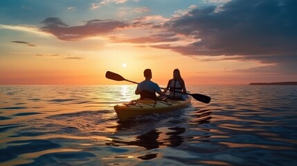 A joyful young couple is having fun, walking on a kayak, against the backdrop of a sunset at sea. - obrazy, fototapety, plakaty