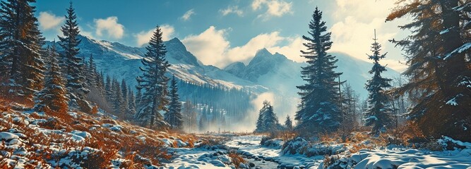 A frost lake and the mountains provide the backdrop for this wintertime digital film shot. Large, panoramic view for producing television. - obrazy, fototapety, plakaty