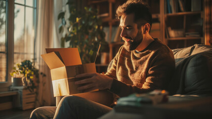 Guy unboxing a package received from an e-commerce platform inside his apartment at home - obrazy, fototapety, plakaty