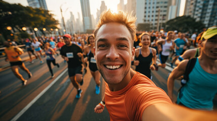 Young man marathon runner is taking a selfie picture while running a marathon, crowd of other...