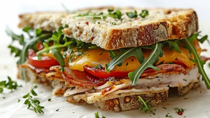 Sandwich made of turkey on a white backdrop .