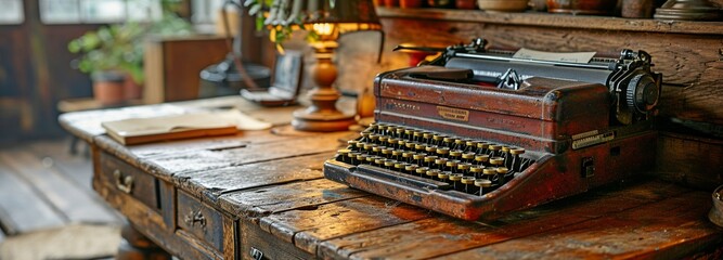 aged wooden desk illuminated by a lamp with a typewriter and antique registers. antiquated desk and office backdrop . - obrazy, fototapety, plakaty