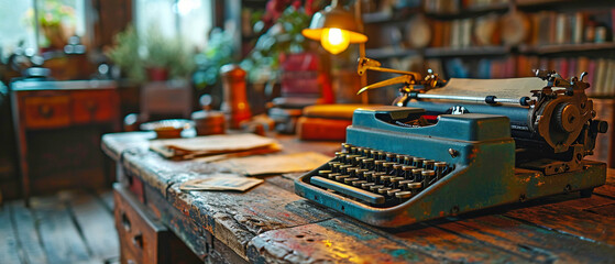 aged wooden desk illuminated by a lamp with a typewriter and antique registers. antiquated desk and office backdrop . - obrazy, fototapety, plakaty