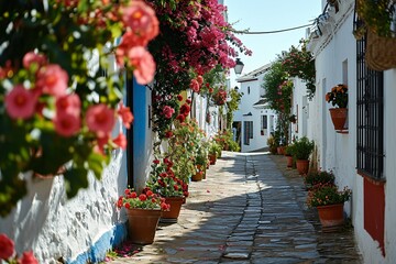 Fototapeta na wymiar A narrow alleyway lined with potted plants and flowers