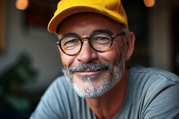 A man wearing glasses and a yellow hat, smiling and looking at the camera - obrazy, fototapety, plakaty