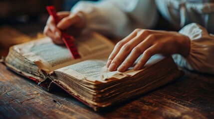 A person reading a book with a red pen.