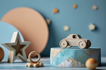 A wooden car toy with a ring on the table