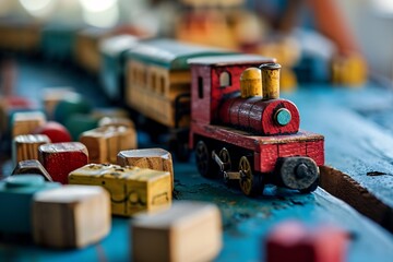 A wooden toy train with a red caboose and green wheels on a blue table