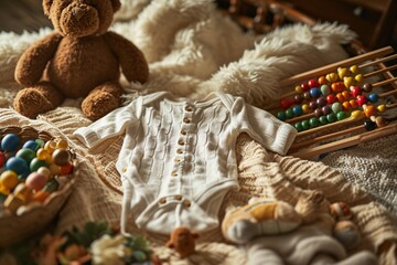 A baby's white outfit with a button on the front.