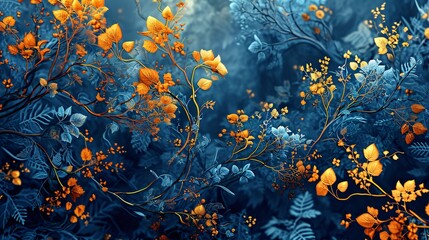 Fototapeta na wymiar A vibrant blue and yellow flower forest
