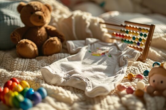 A baby's white onesie with a teddy bear and a colorful toy.