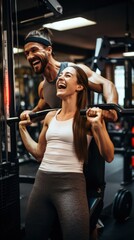 Young happy sportswoman having weight training with personal trainer in gym. - obrazy, fototapety, plakaty