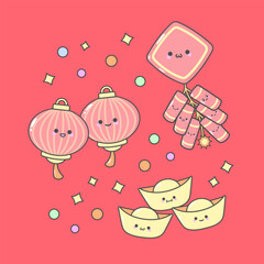 Vector Chinese Lunar New Year Lantern Firecracker Gold with cute facial expressions and pastel colour