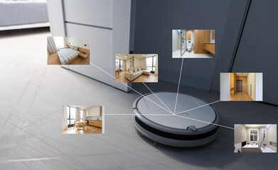 smart home application on robot vacuum cleaning floor in background in the modern living room.