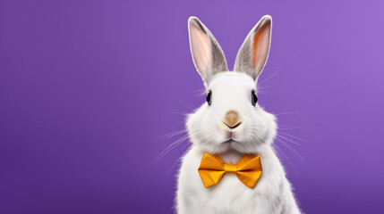 white rabbit with a yellow bow tie on a purple background