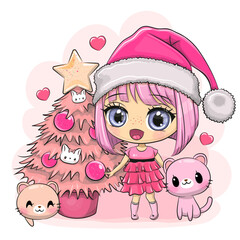 Cartoon anime Girl with pink Christmas tree