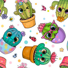 Seamless Pattern with cartoon cacti