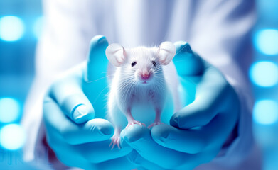 Hand of scientist holding a small mouse for experiment in laboratory.