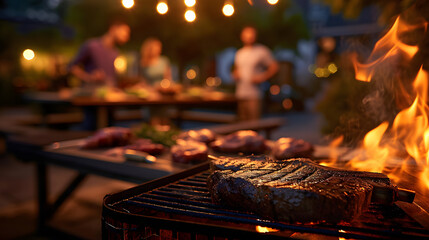 Barbecue party with people in the background, grilled steak, grilled meat, fire, summer party, barbecue in the garden, people having fun, family and friends, bbq, evening and night - obrazy, fototapety, plakaty