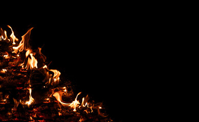 Fire flames on black background. Blazing campfire isolated on dark background.