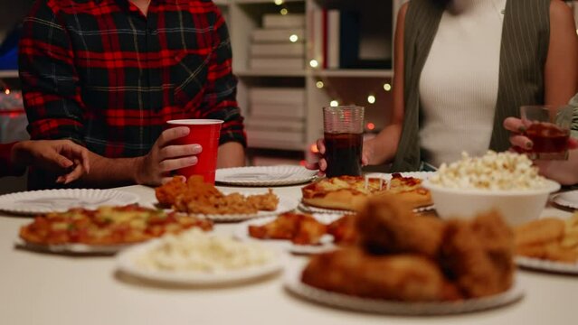 Close up of foods and dinks for celebrate the party with friends. Happy and joyful in holiday weekend and festival.