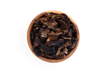 Sliced dried mushrooms isolated on white background.