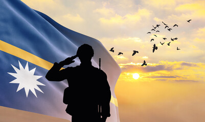 Silhouette of a soldier with the Nauru flag stands against the background of a sunset or sunrise....
