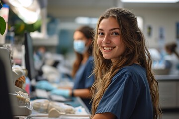 A smiling woman in a blue shirt and gloves - obrazy, fototapety, plakaty