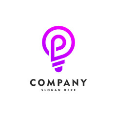 letter p and light bulb for technology logo icon and vector