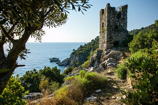 A picturesque view of a stone tower overlooking the ocean