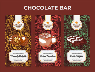 Chocolate bar front label delicious dessert design template set engraved vector illustration