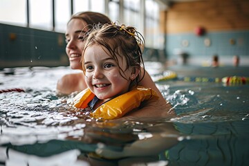 A mother and daughter enjoying a swim together - obrazy, fototapety, plakaty