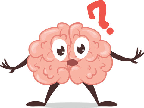 Puzzled cartoon brain with question mark brainstorming mascot vector flat illustration