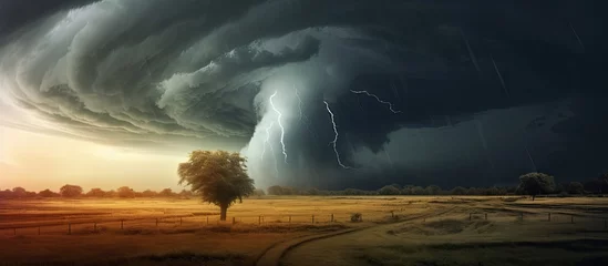 Muurstickers A tornado forms under a thunderstorm in a field. © TheWaterMeloonProjec