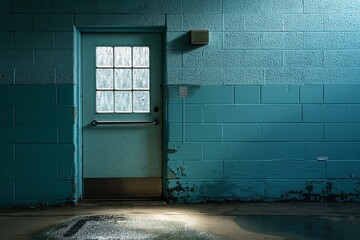 A blue doorway with a window and a peeling paint wall - obrazy, fototapety, plakaty