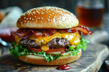 A close-up of a bacon cheeseburger with lettuce and tomato.