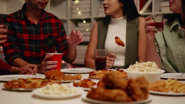 Close up of foods and dinks for celebrate the party with friends. Happy and joyful in holiday weekend and festival.